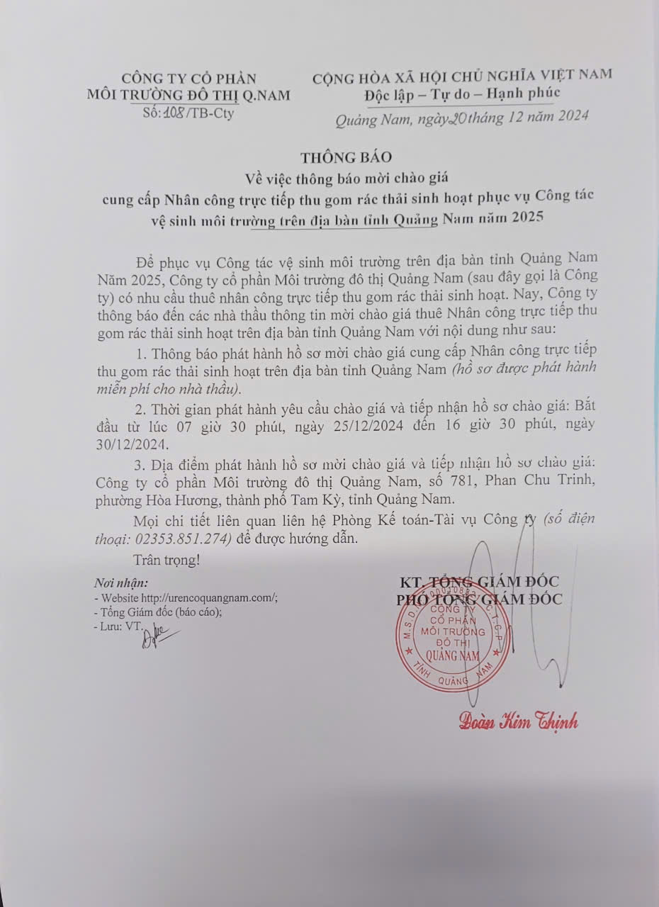 Thông báo mời chào giá cung cấp nhân công trực tiếp thu gom rác thải sinh hoạt phục vụ công tác vệ sinh môi trường trên địa bàn tỉnh Quảng Nam năm 2025